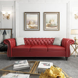 RUSTYER Chesterfield 3 Seater Sofa, Modern Leather Tufted Couch 3 Seater with Rolled Arms and Nailhead Mid-Century Upholstered Couch for Living Room, Bedroom, Apartment and Office, Claret RUSTYER