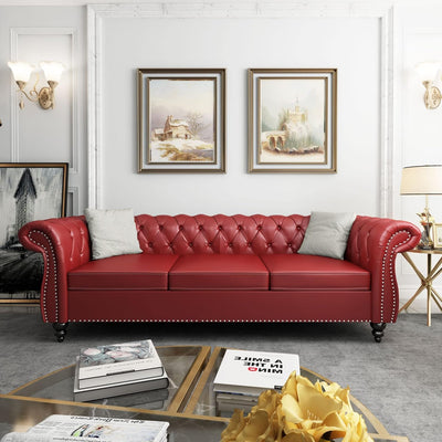RUSTYER Chesterfield 3 Seater Sofa, Modern Leather Tufted Couch 3 Seater with Rolled Arms and Nailhead Mid-Century Upholstered Couch for Living Room, Bedroom, Apartment and Office, Claret