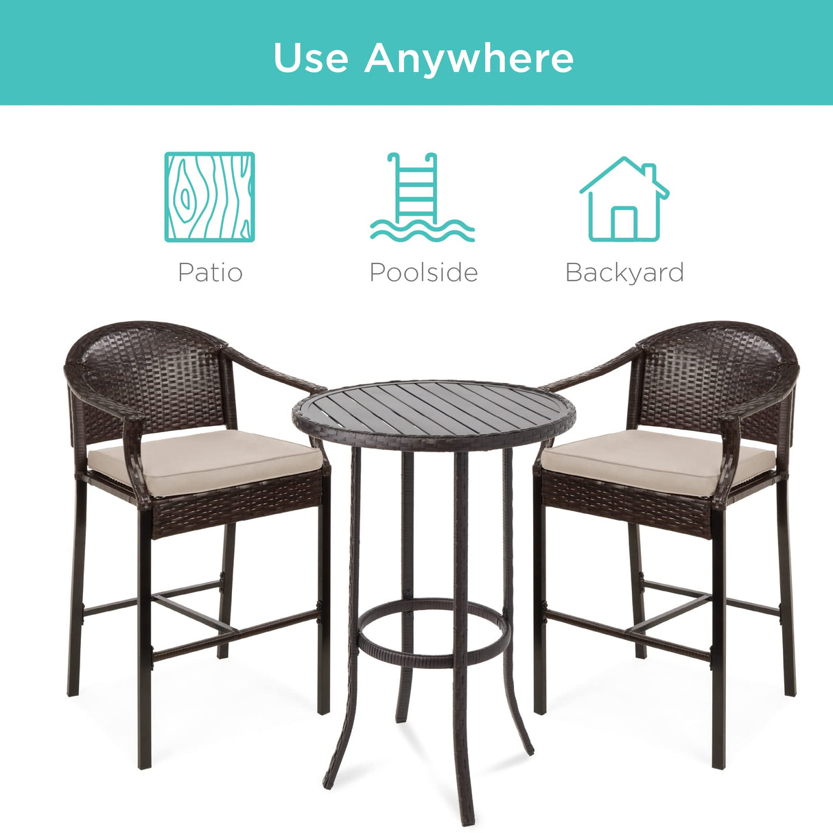 Best Choice Products 3-Piece Patio Bar Table Set, Outdoor Wicker Bar Height Bistro Furniture for Backyard, Poolside, Balcony w/Barstools, Cushions, Steel Frame – Brown/Beige Best Choice Products