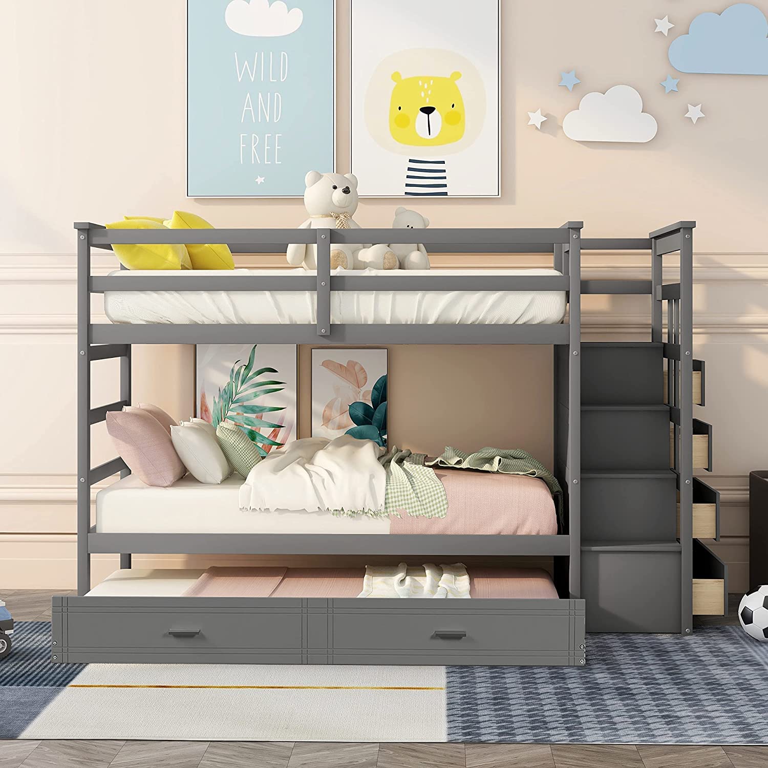 Bellemave Grey Twin Over Twin Bunk Bed with Trundle, 4 Storage Drawers, Staircase & Safety Guard Rails - WoodArtSupply