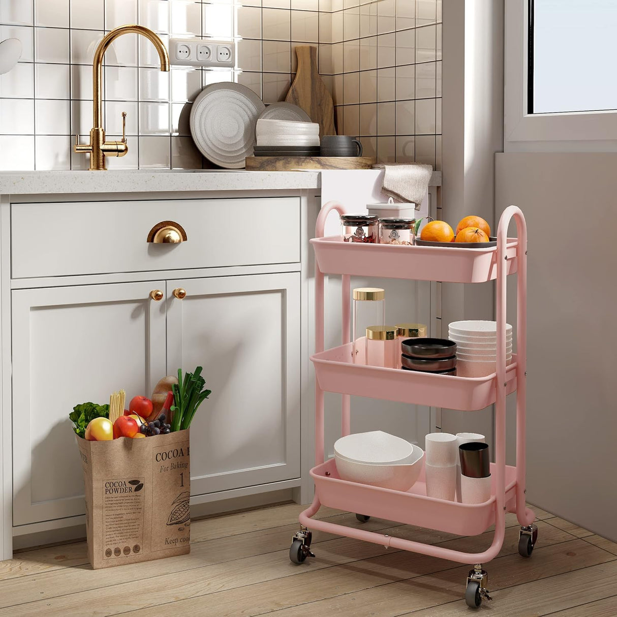 Elitehouse 3-Tier Pink Utility Rolling Cart,Kitchen Storage Carts with Wheels and Plastic Baskets,Pink Rolling Cart for Office,Home,Kitchen,Garden（18"x11.4"x31.2"） Elitehouse