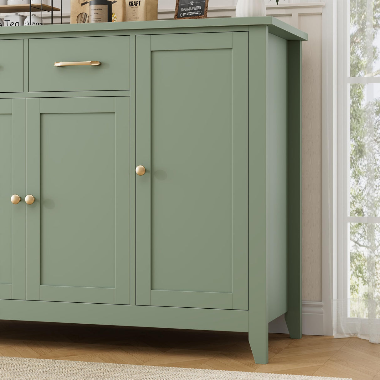 HORSTORS 55" Buffet Cabinet with Storage, Kitchen Buffet Sideboard with Drawers, Large Storage Cabinet with Doors and Shelves, Modern Farmhouse Coffee Bar for Kitchen, Dining Room, Living Room, Green HORSTORS