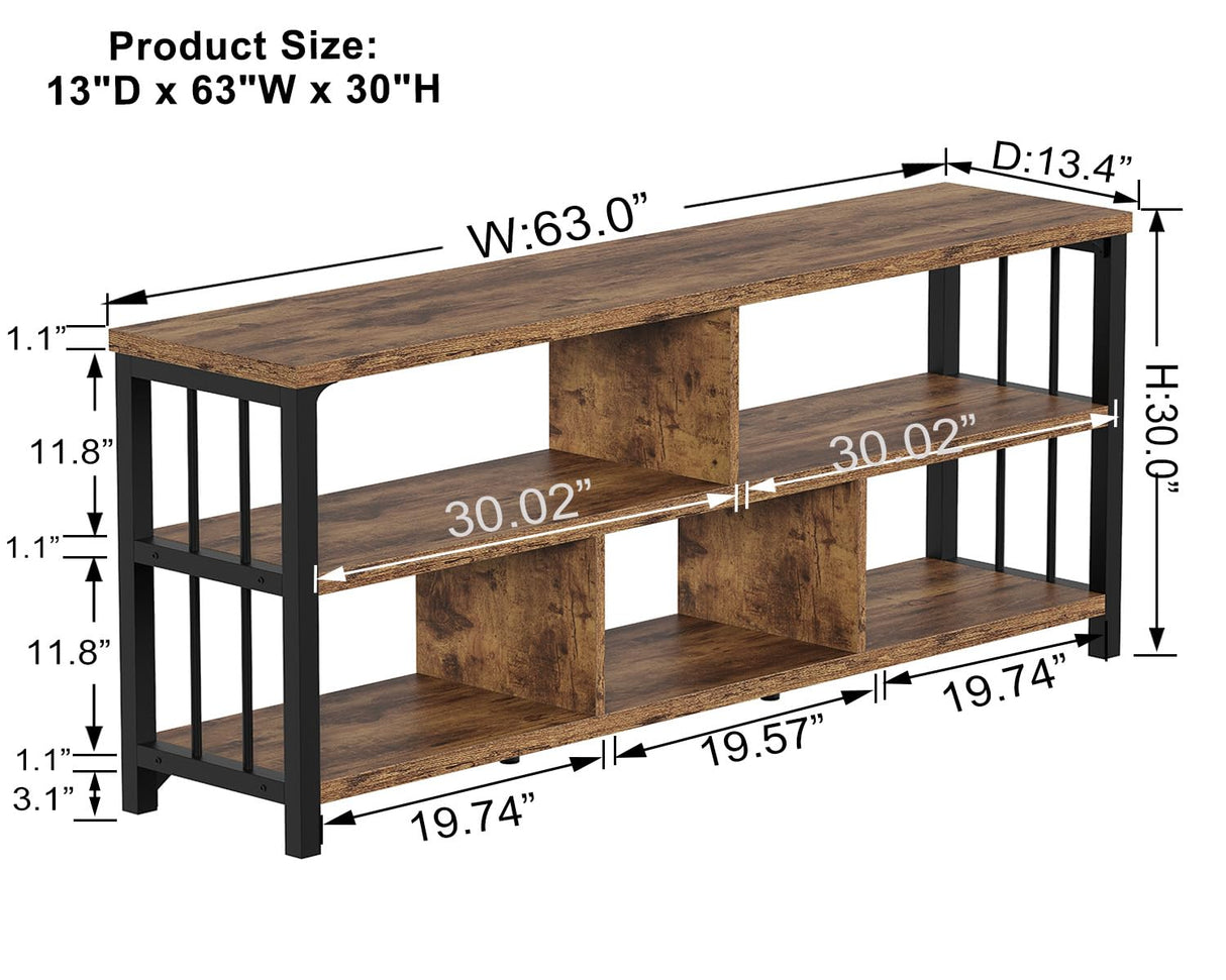IBF Bookshelf, Farmhouse 63” Long Open Book Shelf, Wood Metal 5 Cube Bookcase for Living Room, Low Horizontal Bookshelf for Bedroom, Wide Cubby Storage Organizer for Home Office, Rustic Brown, 63 Inch IBF