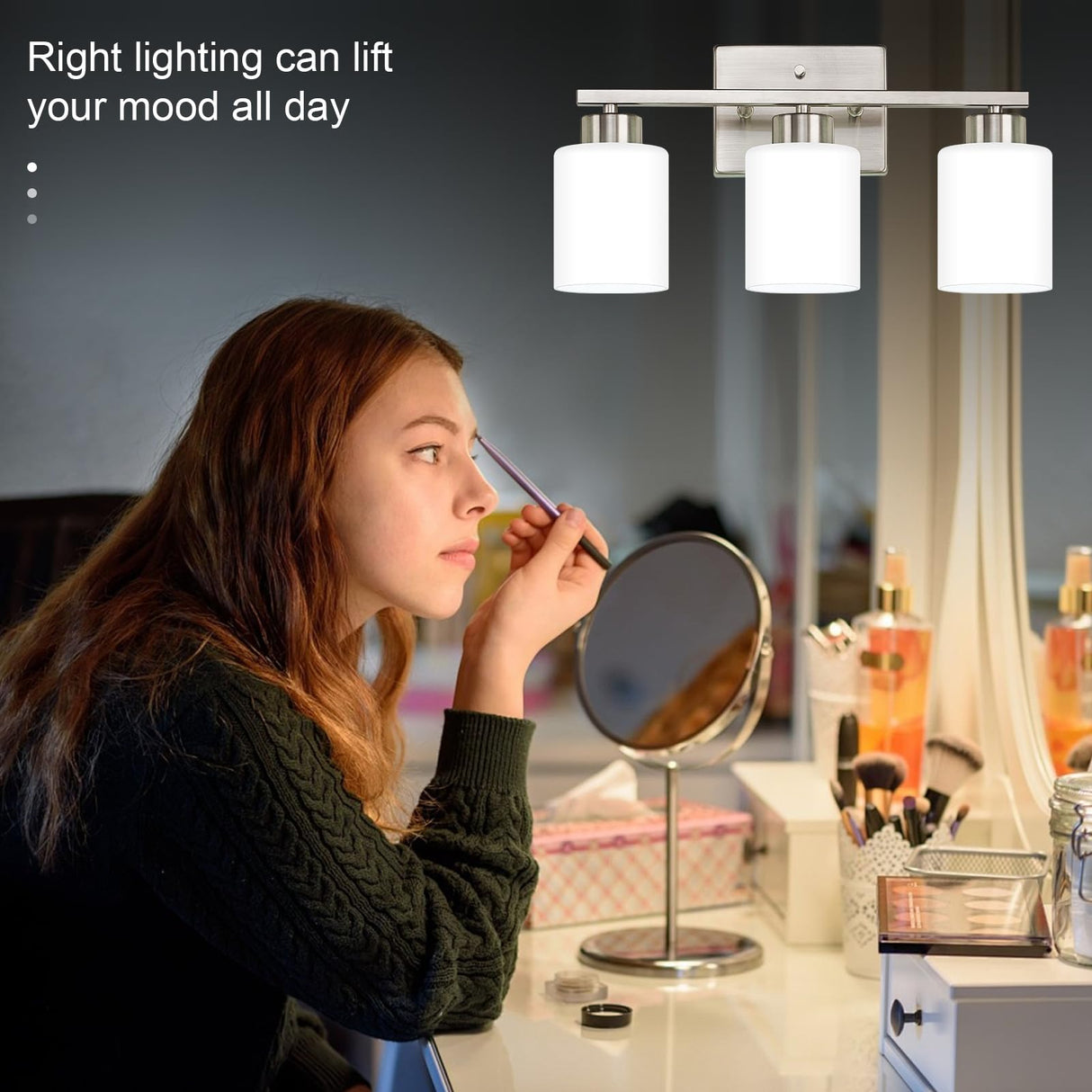 FonmYim Brushed Nickel Bathroom Light Fixtures, 3-Light Modern Vanity Light Over Mirror, Wall Sconces with Milky White Frosted Glass Shades, E26 Socket (Bulbs Not Included) FonmYim