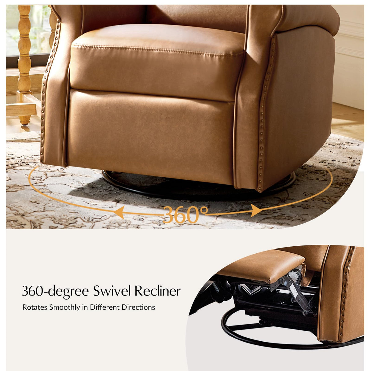HULALA HOME Faux Leather Swivel Rocker Recliners Set of 2 with Adjustable Backrest and Footrest, Push Back Recliner Chairs with Nailhead Trim, Swivel Glider Rocking Chairs for Living Room, Camel HULALA HOME