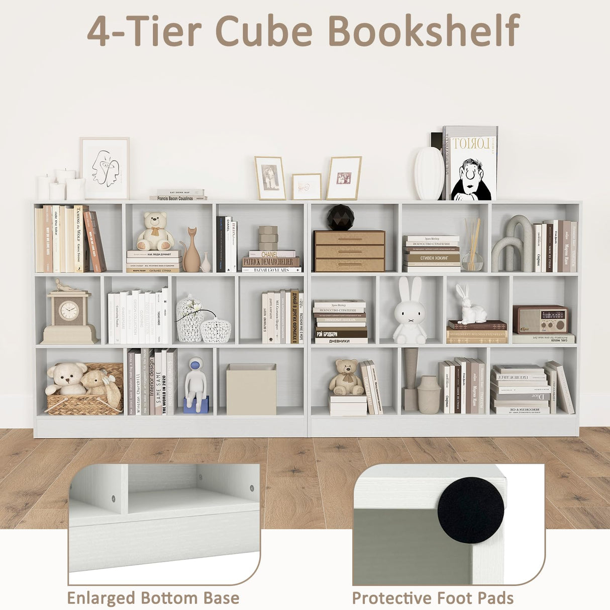 SILKYDRY 10 Cube Storage Organizer, 4 Tier Open Bookcase, Modern Bookshelves and Bookcases, 41" Floor Standing Wooden Display Bookshelf for Living Room Bedroom Office (White) SILKYDRY