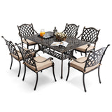 𝗔𝗶𝗹𝗶𝘀𝗺𝗮𝗶𝗹 7 Piece Outdoor Dining Set Cast Aluminum Retro Patio Dining Set for 6 includes 59” Rectangular Table and 6 Chairs with Thicker Cushions and Umbrella Hole for Patio Deck Garden Ailismail