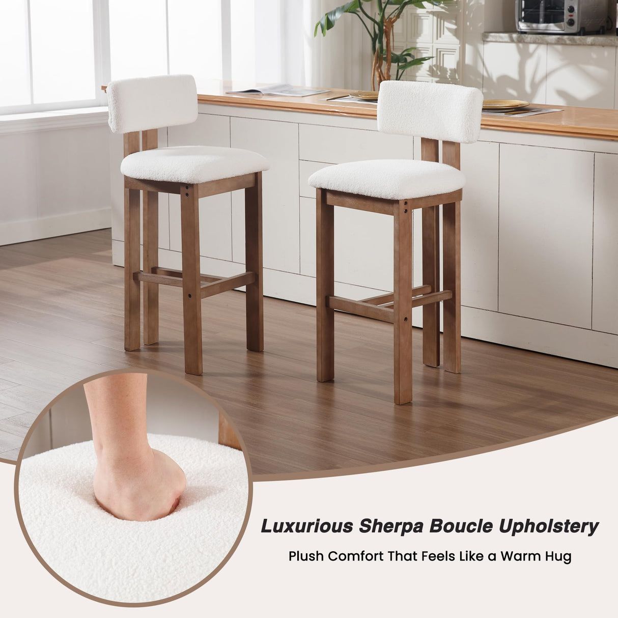 HNY 26 Inch Farmhouse Counter Stools Set of 4 with Curved Back, Modern Sherpa Boucle Upholstered Counter Height Bar Stools, Tall Kitchen Bar Chairs with Solid Wood Frame for Island Countertop, White HNY
