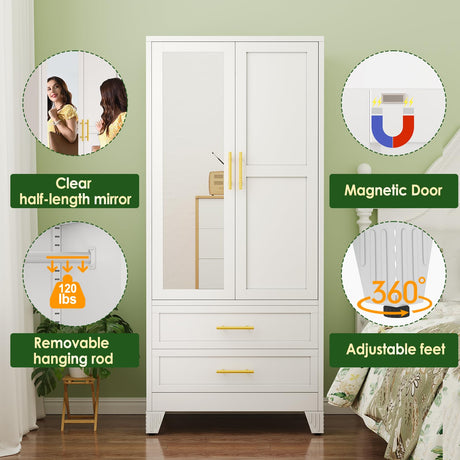 winiowa Metal Armoire Wardrobe Closet with 2 Drawers, 71" Wardrobe Cabinet with Adjustable Shelves and Hanging Rod, Clothing Storage Cabinet Closet with Mirror for Bedroom-White winiowa