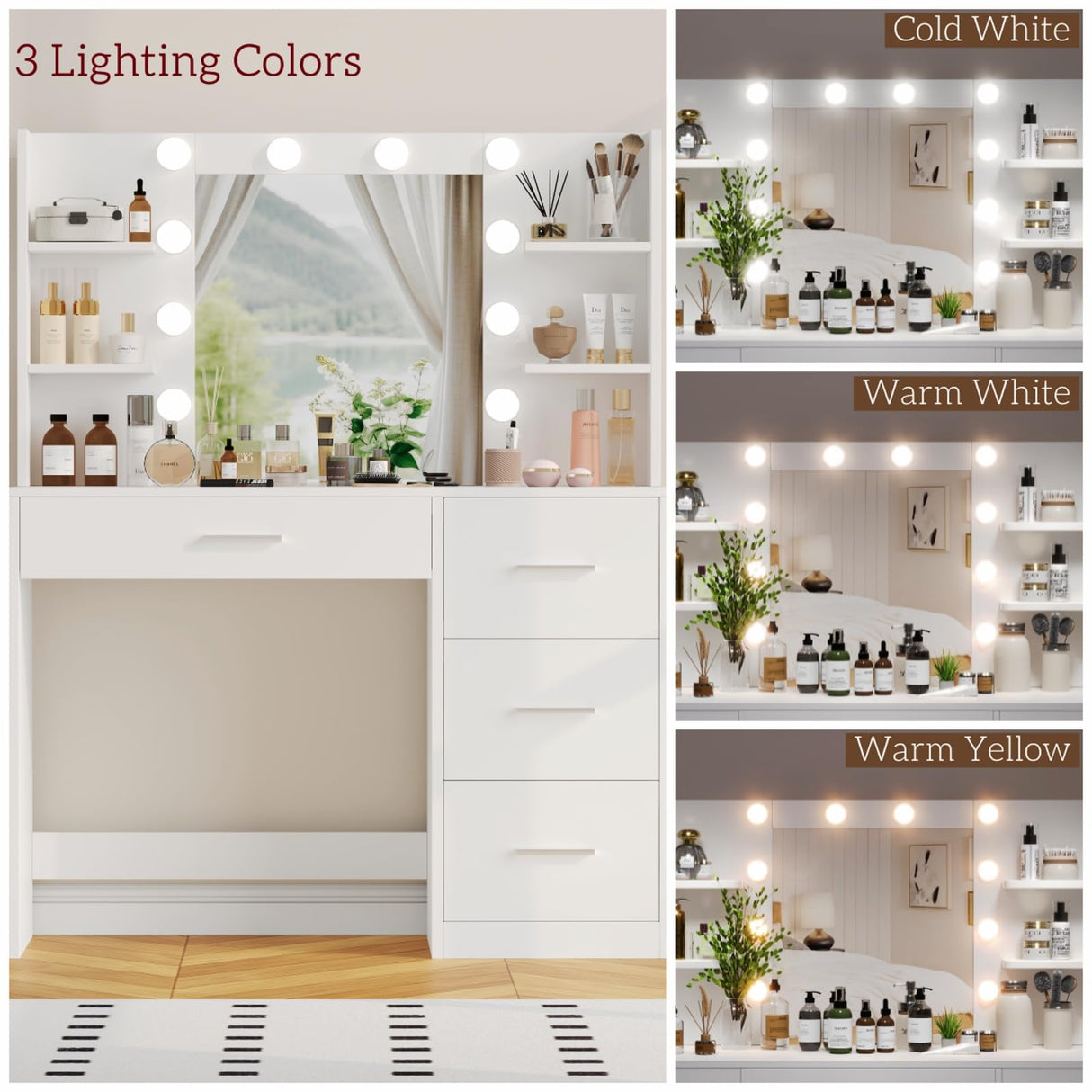 Irontar Vanity Desk, Makeup Vanity with 10 LED Lights & 4 Drawers, Brightness Adjustable, Dressing Table Desk with 6 Open Storage, Vanity Table for Women, White WDT003W Irontar