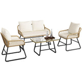 Yaheetech 4 Piece Patio Furniture Set, Outdoor Wicker Conversation Sets, Boho Loveseat & 2 Armchairs with Cushion and Pillow, Glass Top Table for Backyard, Porch, Balcony, Deck - Tan/Cream Yaheetech