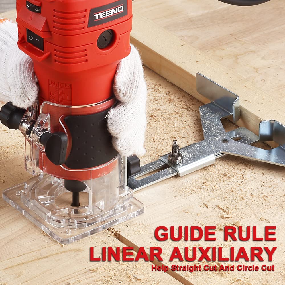 TEENO Wood Router, 650W 110V Compact Router Tools for Woodworking, 32000 RPM Hand Trim Router with 1/4" Router Bits Set, 6 Variable Speeds, Edge Guide, Roller Guide TEENO