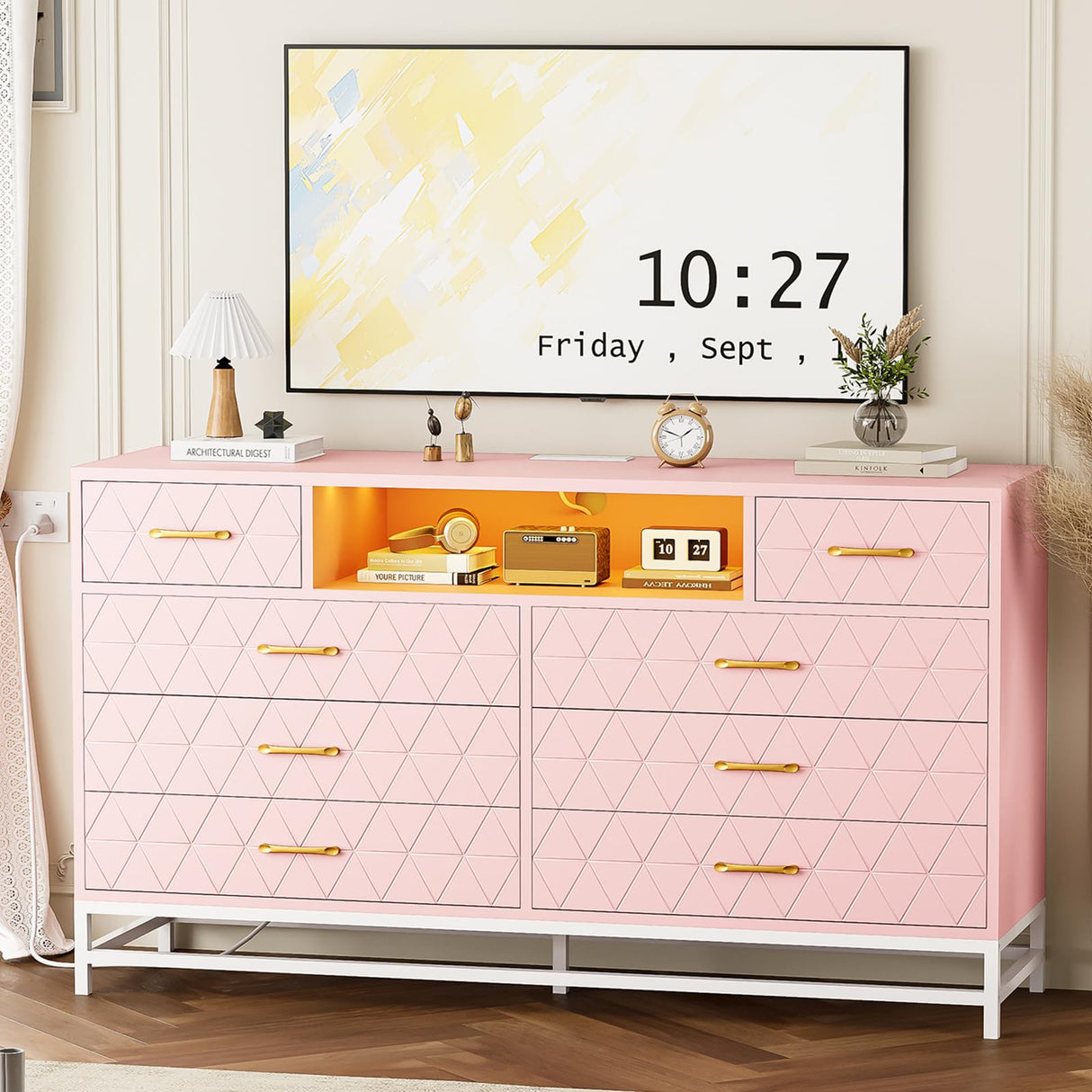 Patikuin Pink Dresser Bedroom with 8 Large Drawer, Tv Stand Dressers with Led Light and Power Outlet, Wood Dresser Drawer Organizers with Deep Drawers, Modern Dresser for Bedroom, Closet, Hallway, Patikuin