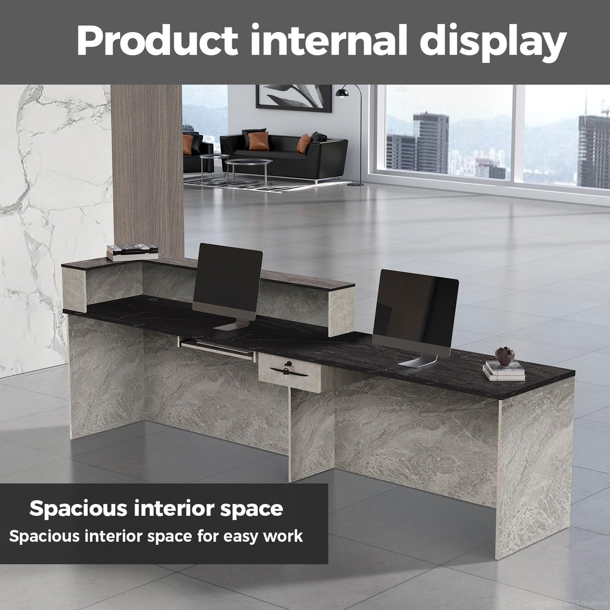 Nuipesn L Shape Reception Desk with Counter, Modern Front Desk Reception Counter with Keyboard Tray, Lockable Drawer and Storage Shelves for Office, Retail, Salon (Gray+Black/Left, 79" L*24" W*39" H) Nuipesn