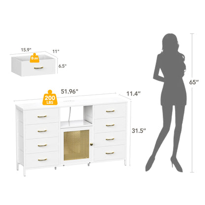 Dresser for Bedroom with Power Outlets and LED Lights, 8 Drawers TV Stand Dresser for 65 Inch TV, Large TV Console with Open Shelf, White Dresser Chests of Drawers, PU Leather