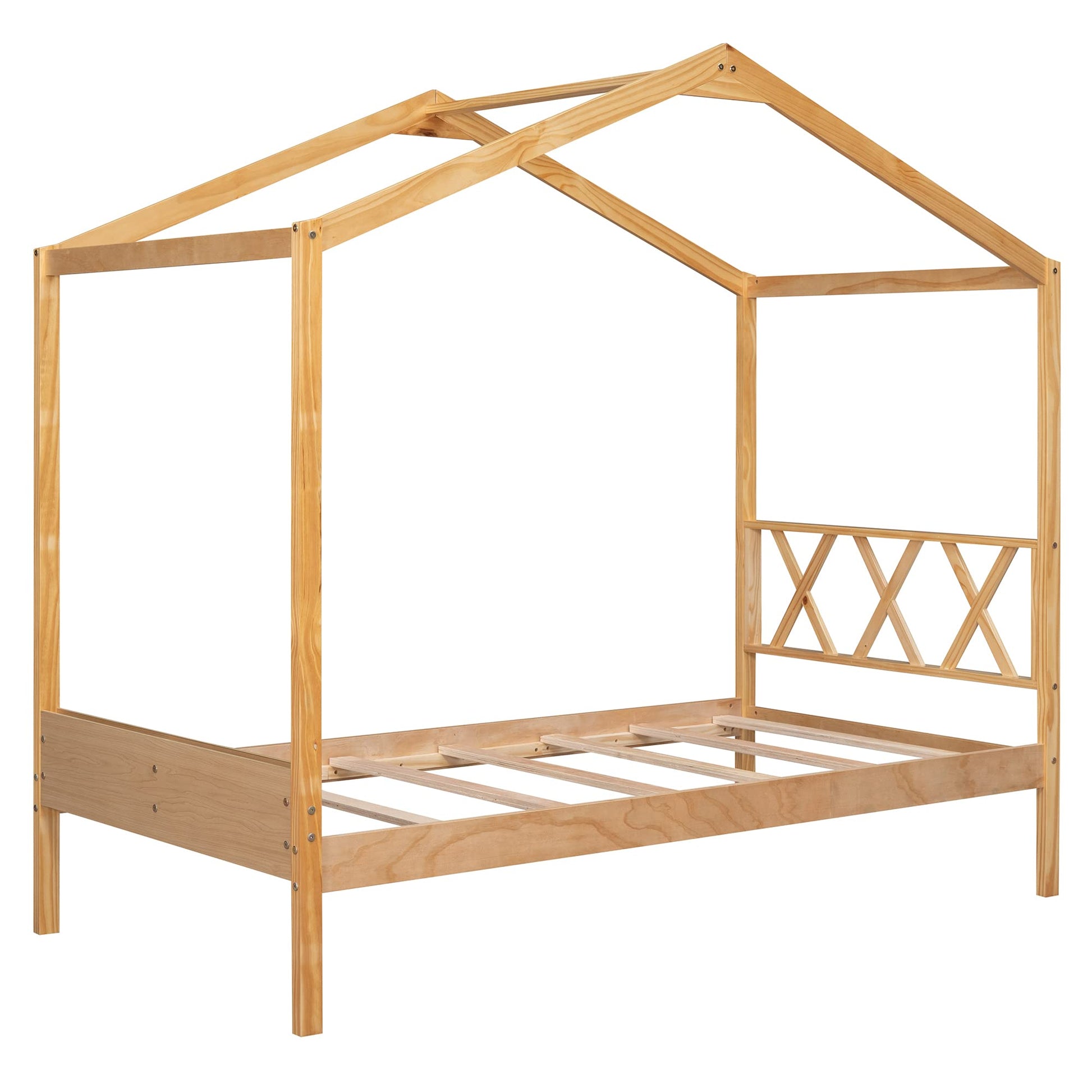 Harper & Bright Designs Natural Twin House Bed with Storage for Kids - WoodArtSupply