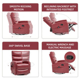 PELUMY Manual Recliner Chair with Heat & Vibration Massage, 360° Swivel Rocker Recliner with 155° Recline and Lumbar Heat, Compact Recliner for Living Room & Small Spaces (Breathable Leather, Red) PELUMY