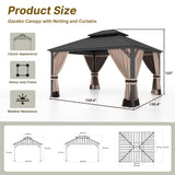 Gotland 12' x 14' Khaki Hardtop Gazebo with Curtains and Netting, Double Roof Iron Metal Pergola for Patio, Garden, Lawn Gotland