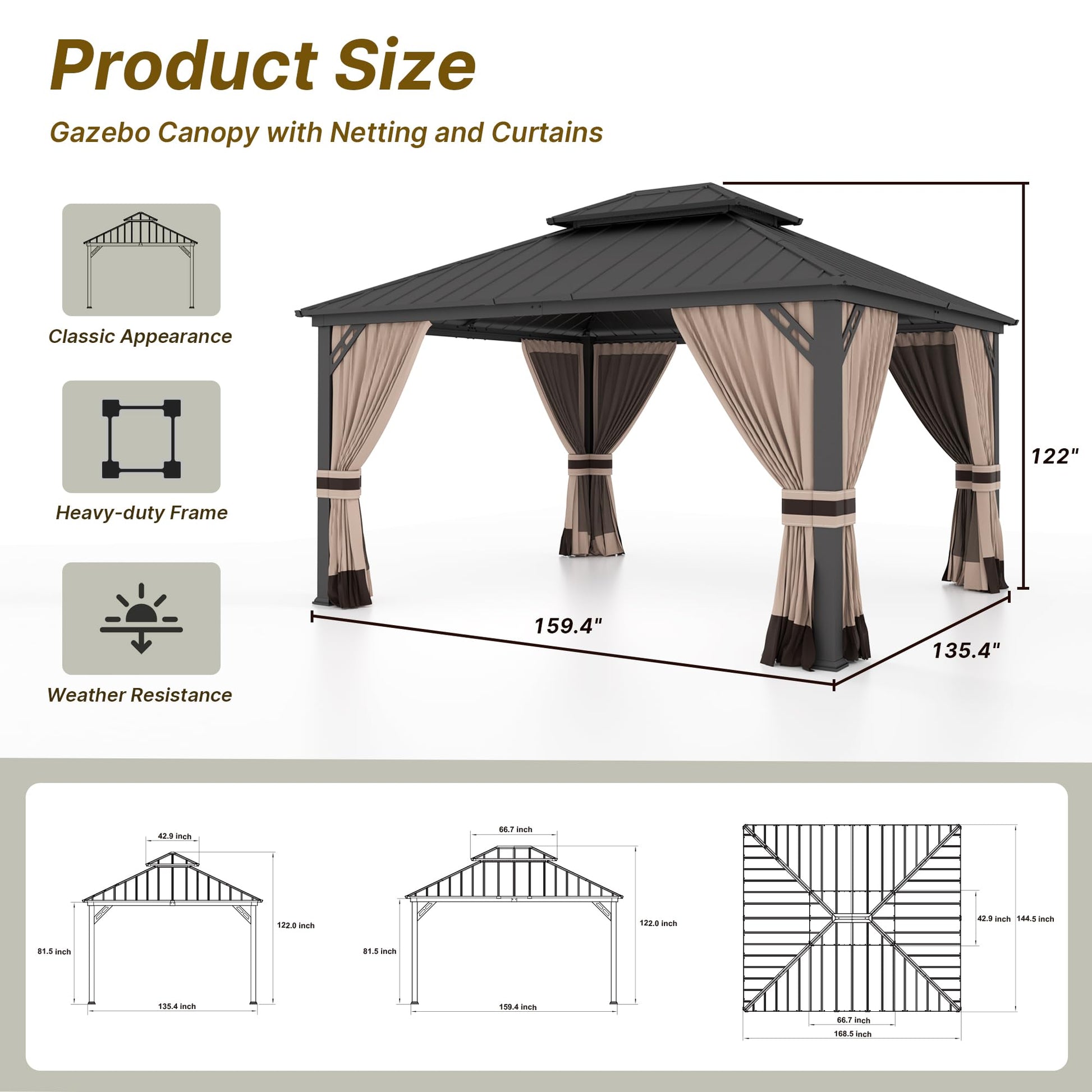 Gotland 12' x 14' Khaki Hardtop Gazebo with Curtains and Netting, Double Roof Iron Metal Pergola for Patio, Garden, Lawn - WoodArtSupply