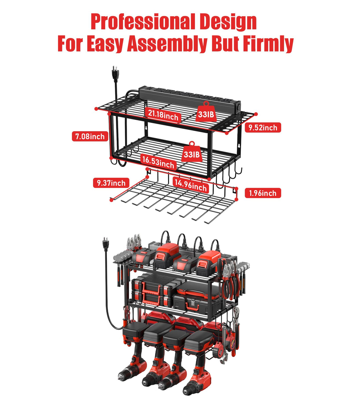 JUNNUJ Tool Organizer with Charging Station, 3 Layers Wall Mount Garage Tools Storage with 8 Outlets Power Strip, 4 Drills Holder Battery Heavy Duty Metal Shelf, Utility Rack with Hooks, Black JUNNUJ