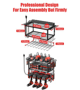 JUNNUJ Tool Organizer with Charging Station, 3 Layers Wall Mount Garage Tools Storage with 8 Outlets Power Strip, 4 Drills Holder Battery Heavy Duty Metal Shelf, Utility Rack with Hooks, Black JUNNUJ