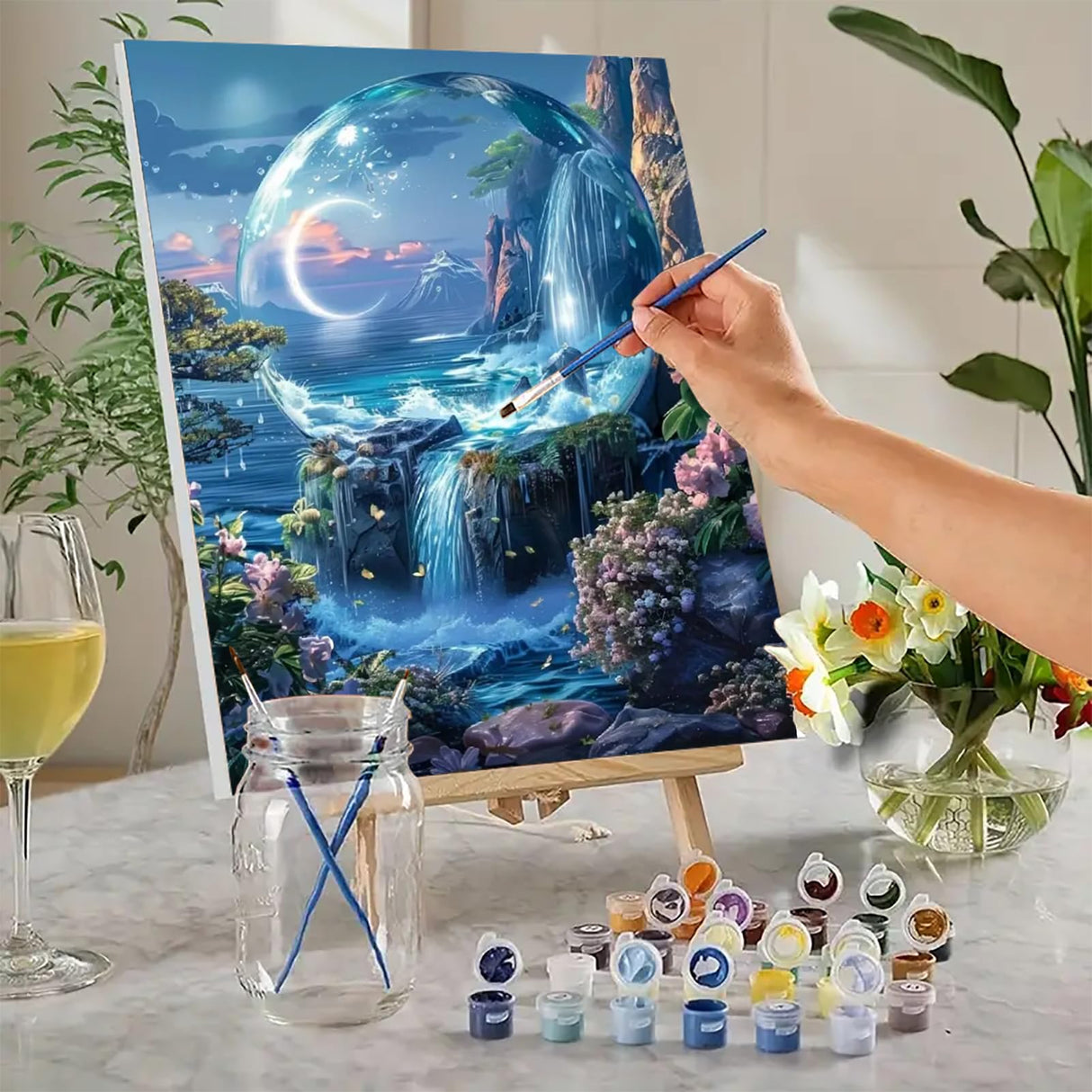 MaiMMaledy Paint by Numbers Kit for Adults Beginners Canvas Pictures with Framed Drawing Painting Acrylic Pigment with Wooden Triangle Easel Waterfall Night View 8Wx12L inch MaiMMaledy