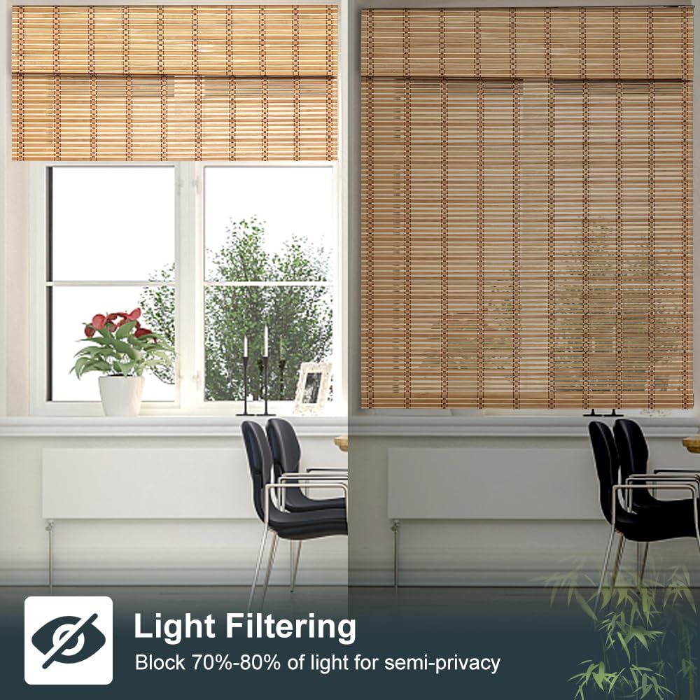 SEEYE Cordless Bamboo Blinds Shades, Light Filtering Bamboo Roller Shades Natural Roman Blind Shade, Bamboo Roll Up Blind for Windows, Easy to Install for Door, Patio, Bedroom, 26" W x 64" H,Natural SEEYE
