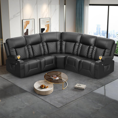 FURNIMAT Reclining Sectional Sofa Set for Home Theater Seating, 5 Seater L Shaped Sectional Reliner Couch with USB Ports, Cup Holders, Insert Pockets, 150° Adjustable Recliner for Living Room, Black FURNIMAT