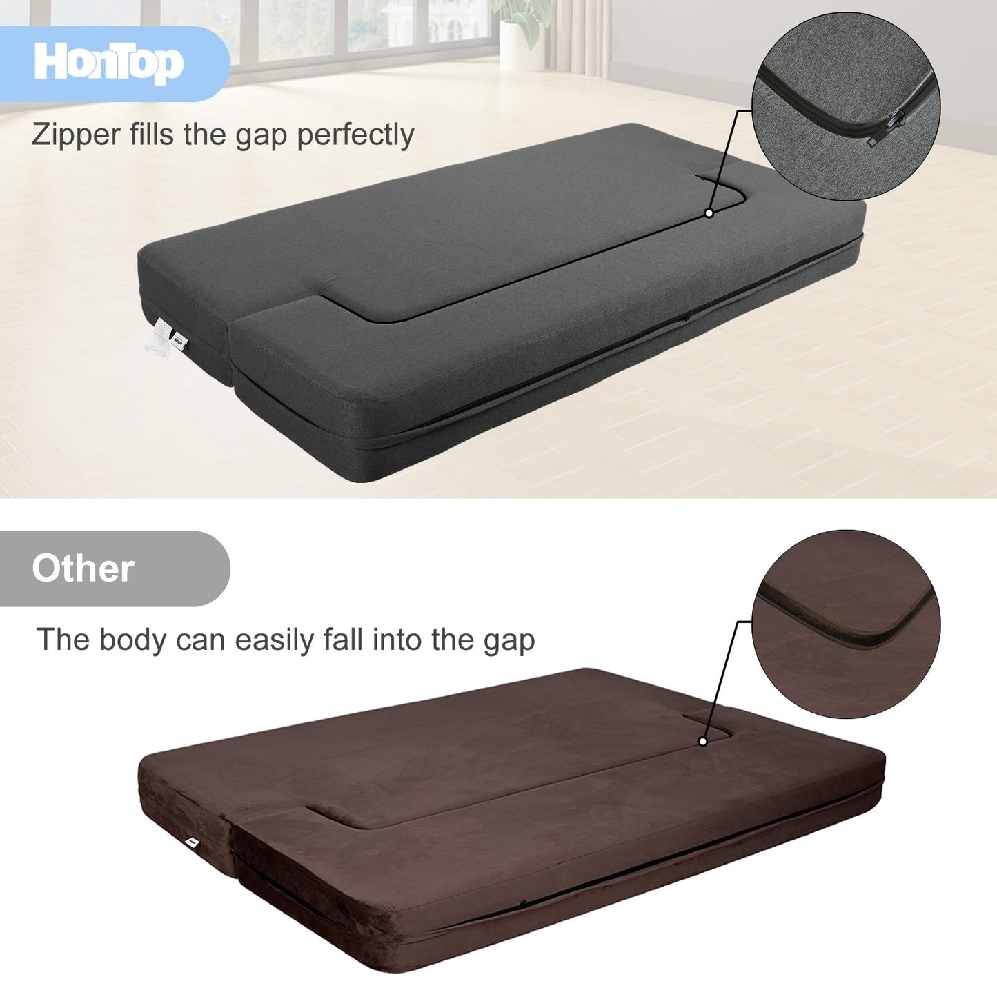 HonTop 10 Inch Folding Sofa Bed with 2 Pillows Memory Foam Couch Foldable Floor Couch Futon Sleeper Chair Bed for Guest Bed Mattress, Twin Size, Dark Grey