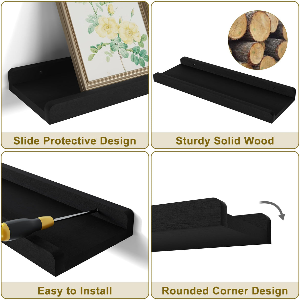 Love-KANKEI Black Floating Shelves for Wall Set of 4, Wood Wall Shelves with Lip,15.6 Inch Rustic Hanging Shelves for Bedroom Bathroom Living Room Kitchen Nursery Display Love-KANKEI