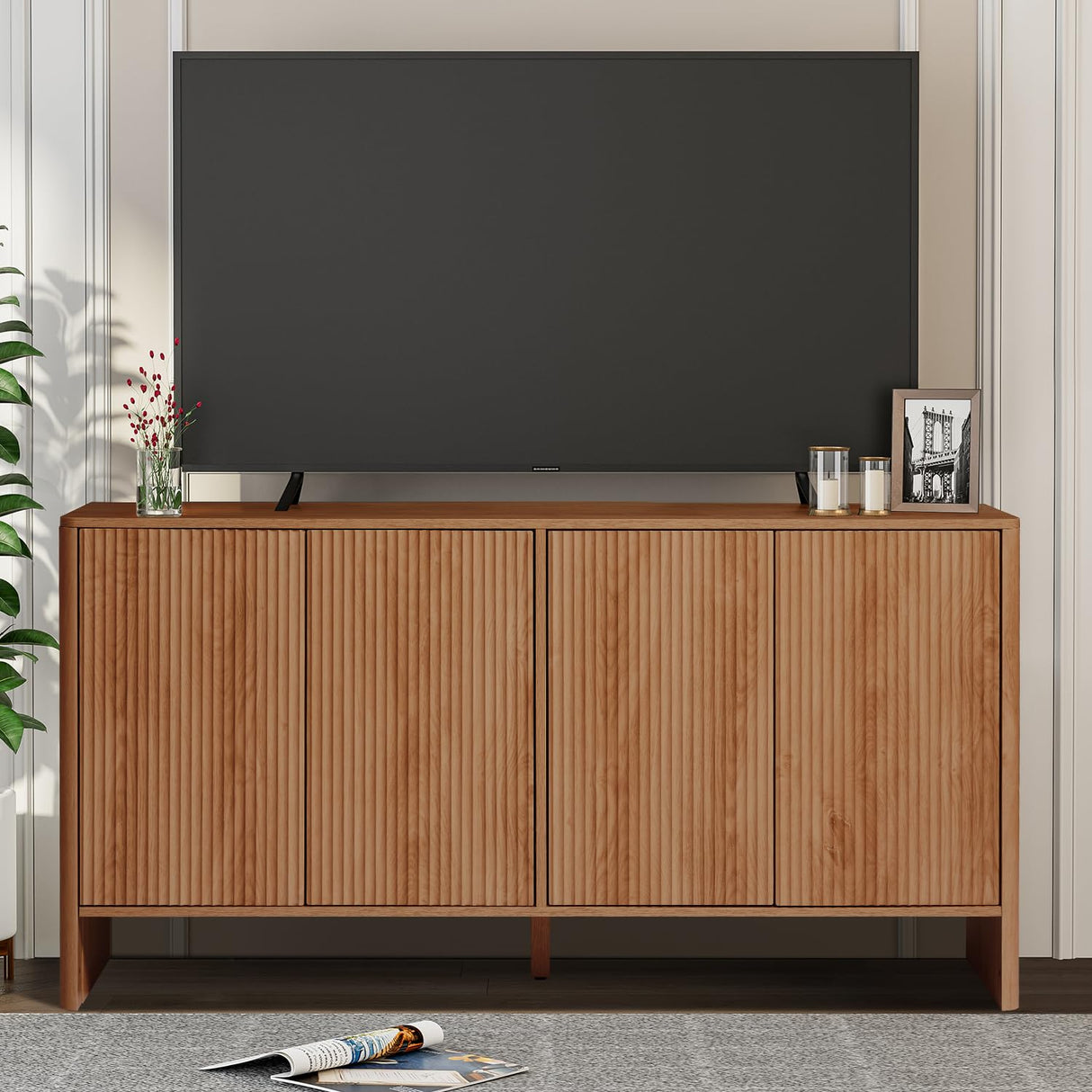 Sideboard Storage Cabinet with Doors and Shelves, Buffet Cabinet with Storage, Credenza Storage Cabinet for Kitchen, Wooden Fluted Cabinet for Bedroom/Entryway, under TV Cabinet with Storage - Walnut affeivul