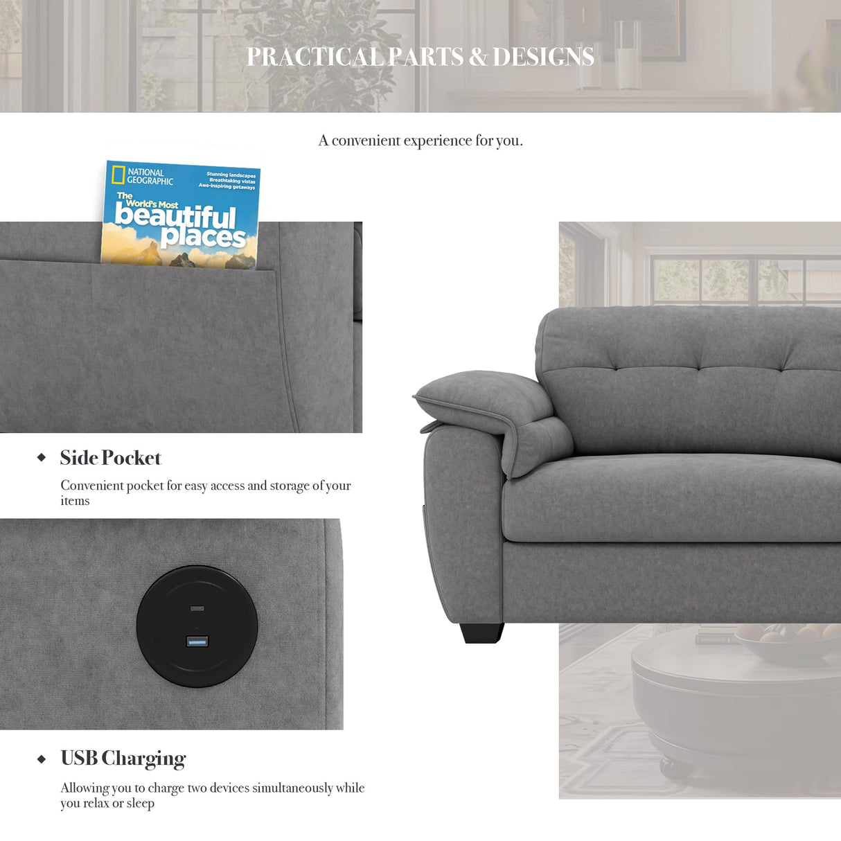 CHYMSUN 87" Modern Sofa, Comfy Sofa Couch w/Extra Deep Seats, 2/3 Seater Couches w/USB Charging Ports & Side Pockets, Sleeper Sofas for Living Room, Apartment, Office (Grey Chenille) CHYMSUN