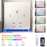 jiteentarou 4 Door Armoire Wardrobe Closet Cabinet with Drawers and LED Lights, Multi-Tier Shelves, Hanging Rod & 4 Louver Doors, Large Capacity Storage Wardrobe Armoire for Bedroom(4 Doors White) jiteentarou