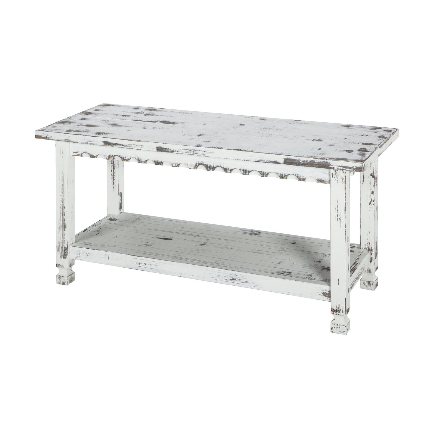 Rustic Cottage Bench with 1 Shelf, White Antique - WoodArtSupply