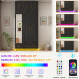 Hlivelood Large Armoire Wardrobe Closet Cabinet with Drawers and LED Lights, Multi-Tier Shelves, Hanging Rod, Large Capacity Storage 3 Door Wardrobe Armoire with Top Cabinet for Bedroom, Black Hlivelood