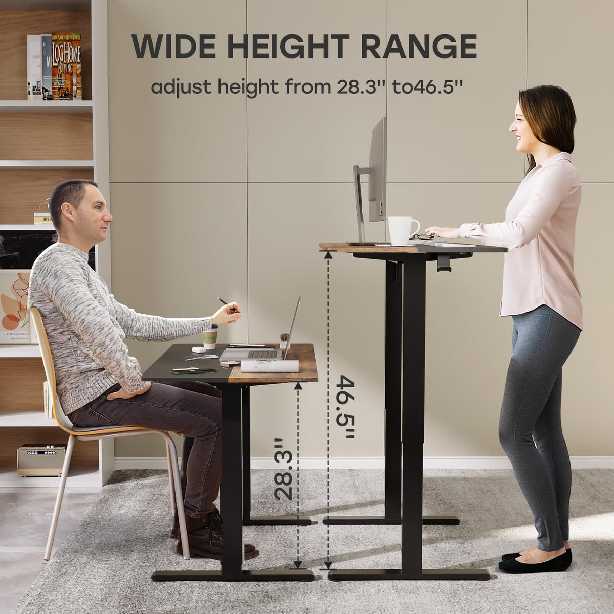 JYLH JOYSEEKER Electric Standing Desk, 48 X 24 Inch Adjustable Height Table, Sit Stand Desk with 2 Hooks, Ergonomic Rising Desk with Splice Board，Black & Rustic Brown JYLH JOYSEEKER