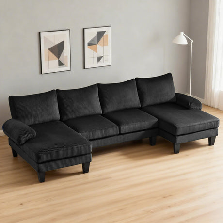 Karl home U-Shape Sectional Sofa Couch 111" Modern 4-Seat Sofa with Chaises Corduroy Fabric Upholstered Covertible Couch with Wood Grain Legs for Living Room, Reception Room, Apartment, Black Karl home