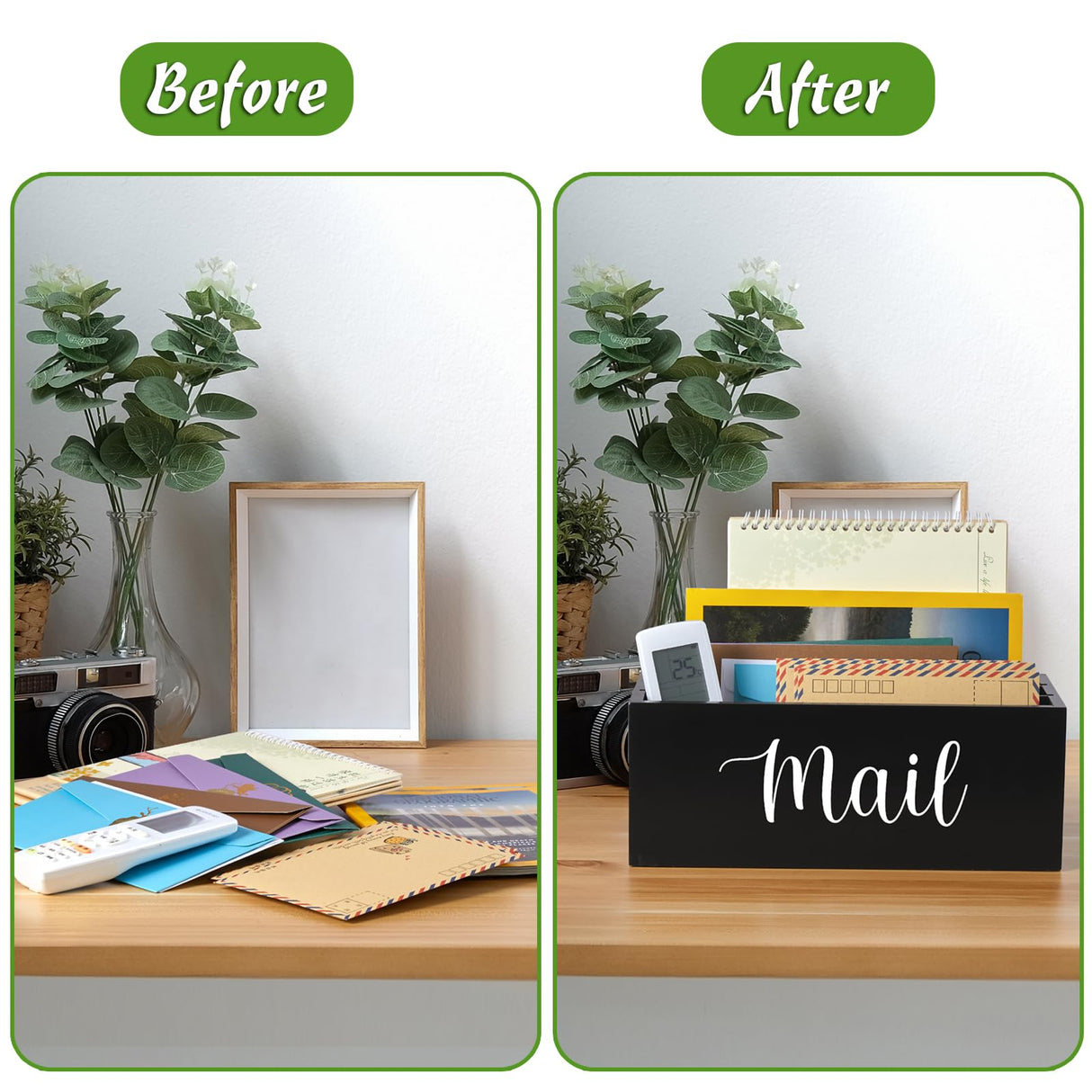 DRASTAR Mail Organizer Countertop, Wooden Mail Holder with 3 Slots, Desktop Mail Organizer, Black Mail Sorter for Home Office Accessories DRASTAR