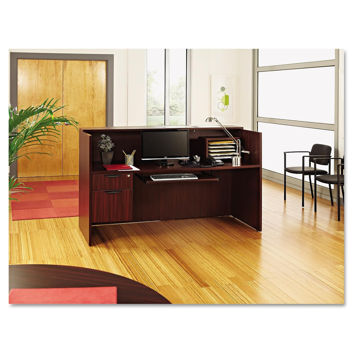Alera ALE Valencia Series Reception Desk w/Counter,71w x 35 1/2d x 42 1/2h, Mahogany Alera
