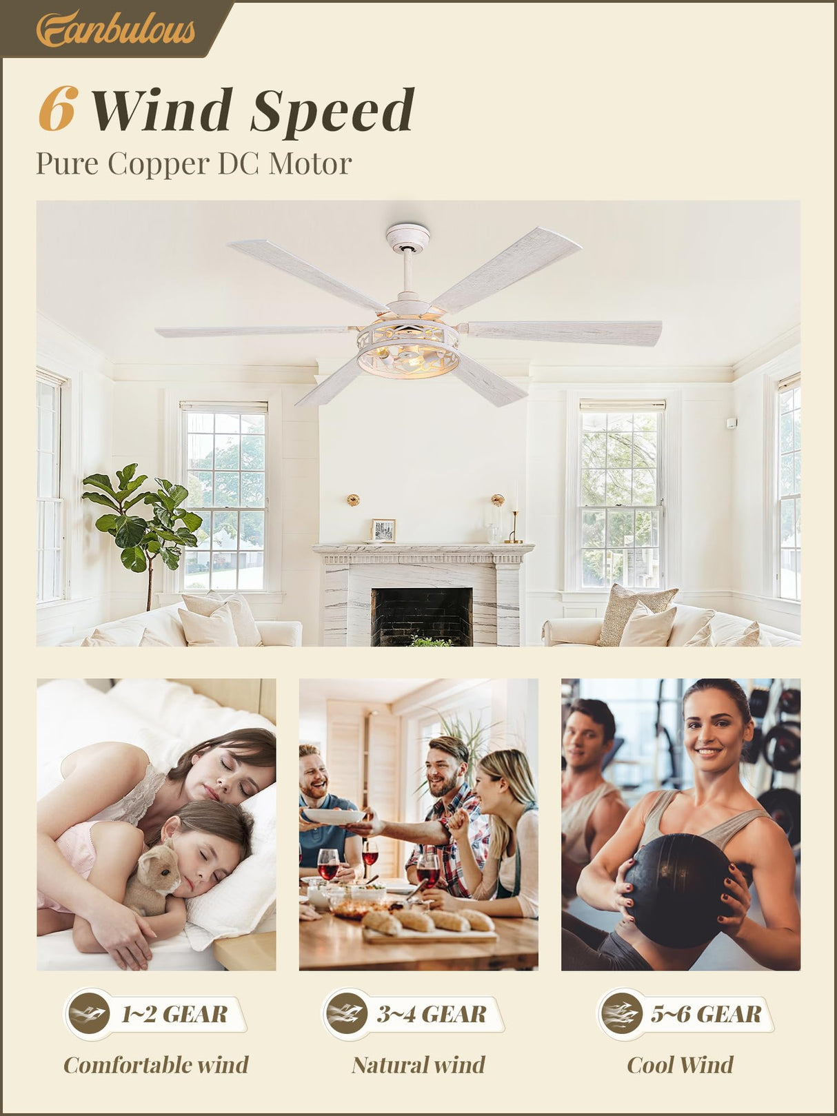 Fanbulous 65 Inch Ceiling Fan with Lights, Farmhouse Caged Ceiling Fans with Remote, White Industrial Ceiling Fans with Quiet Reversible DC Motor, Large Ceiling Fan for Living room, Bedroom Fanbulous