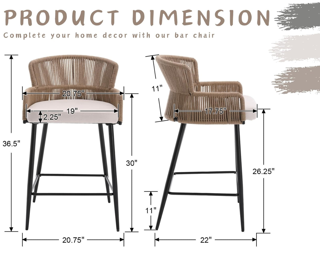 ROCITY Woven Counter Height Bar Stools Set of 2 Beige Linen Counter Stools 26 Inch Farmhouse Barstools with Wicker Back Comfy Upholstered Rattan Bar Chairs for Kitchen Island/Patio Garden ROCITY