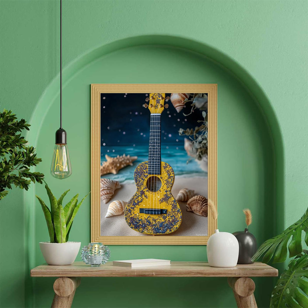 PUAGEMTI Beach Ukulele Diamond Painting Kits, Music 5D Diamond Painting Kits for Adults Beginner DIY Full Drill Sparkling Diamond Painting Kit Embellish The Room 12x16 INCH PUAGEMTI