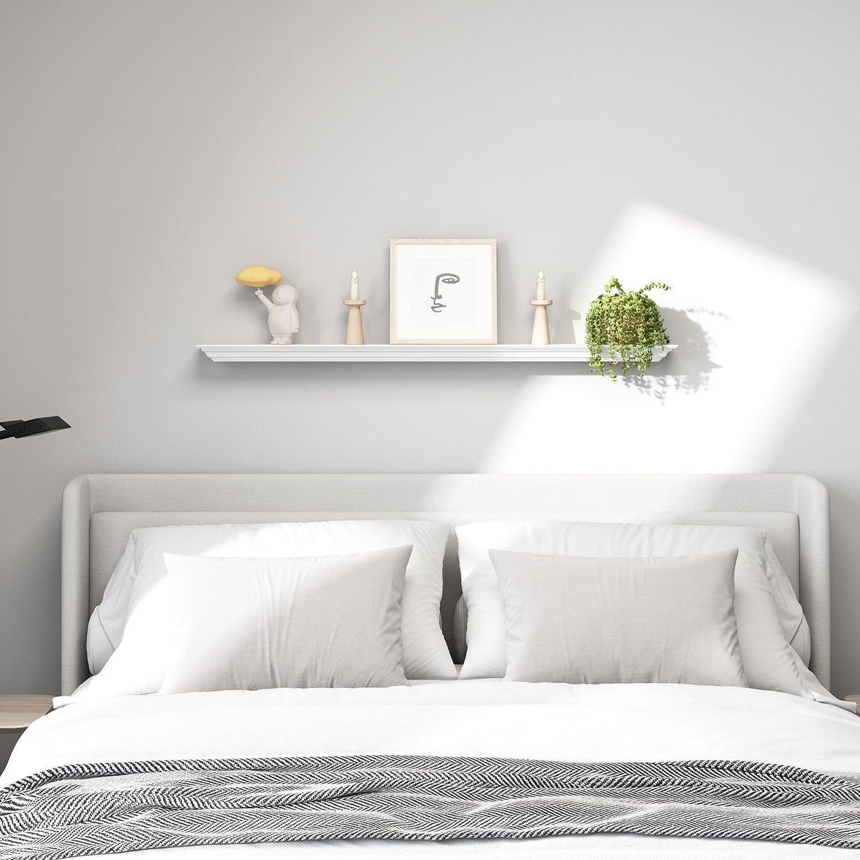 WELLAND White Finished 48 inch Pine Wood Fireplace Mantel Shelf Wall Mounted,Corona Crown Molding Floating Wall Picture Ledge Shelves WELLAND