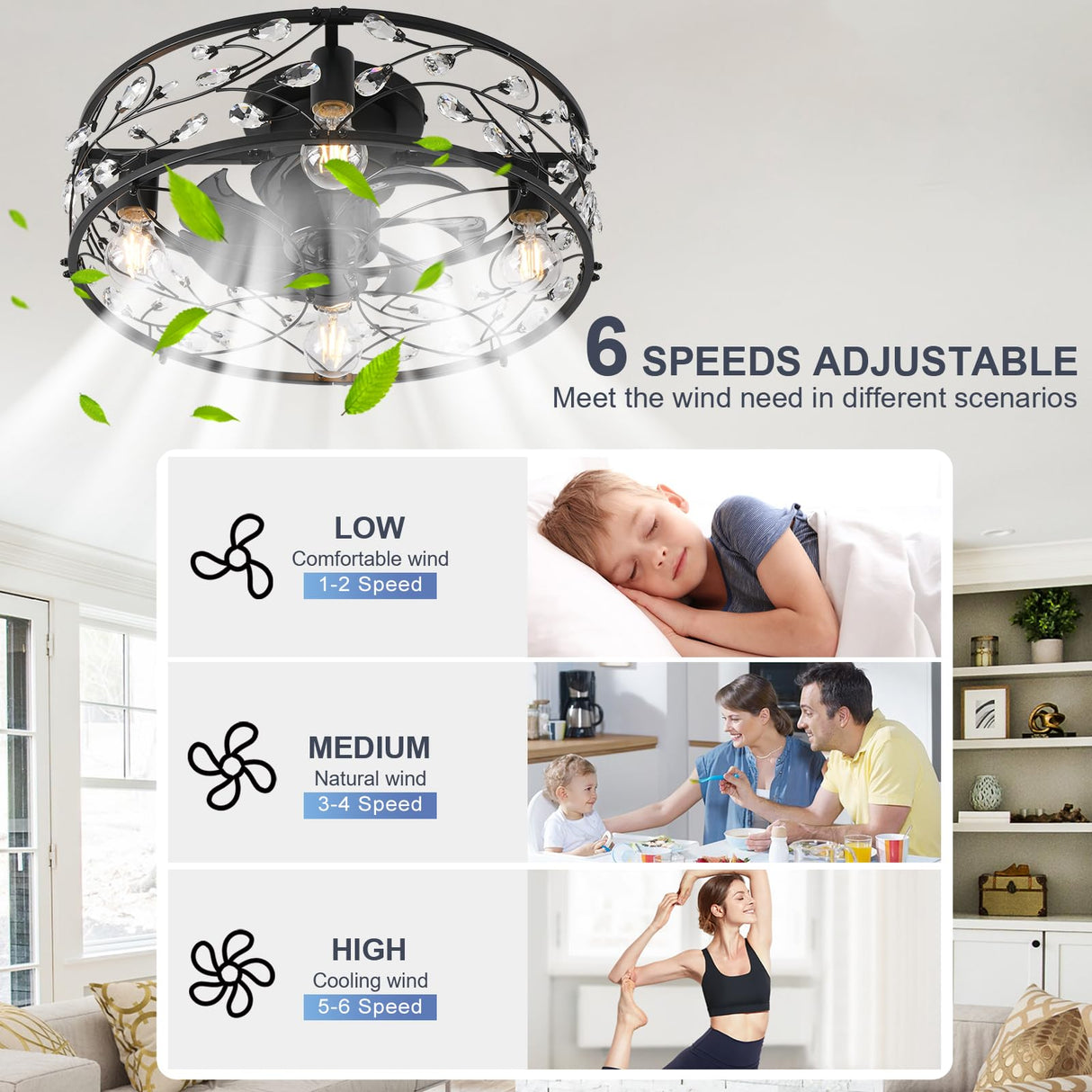 Garwarm 20in Caged Ceiling Fan with Light,Rustic Industrial Ceiling Fans with Lights and Remote,Bladeless Black Fandelier Ceiling Fan,Flush Mount Fan Lights for Kitchen,Bedroom（6 Speed,Timing） Garwarm