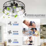 Garwarm 20in Caged Ceiling Fan with Light,Rustic Industrial Ceiling Fans with Lights and Remote,Bladeless Black Fandelier Ceiling Fan,Flush Mount Fan Lights for Kitchen,Bedroom（6 Speed,Timing） Garwarm