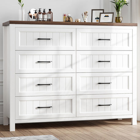 Jocoevol Farmhouse Dresser 8 Drawer Dresser for Bedroom, Large Wooden Dressers Double Grey Dresser with Deep Drawers Dressers for Hallway, Entryway (White and Brown) Jocoevol