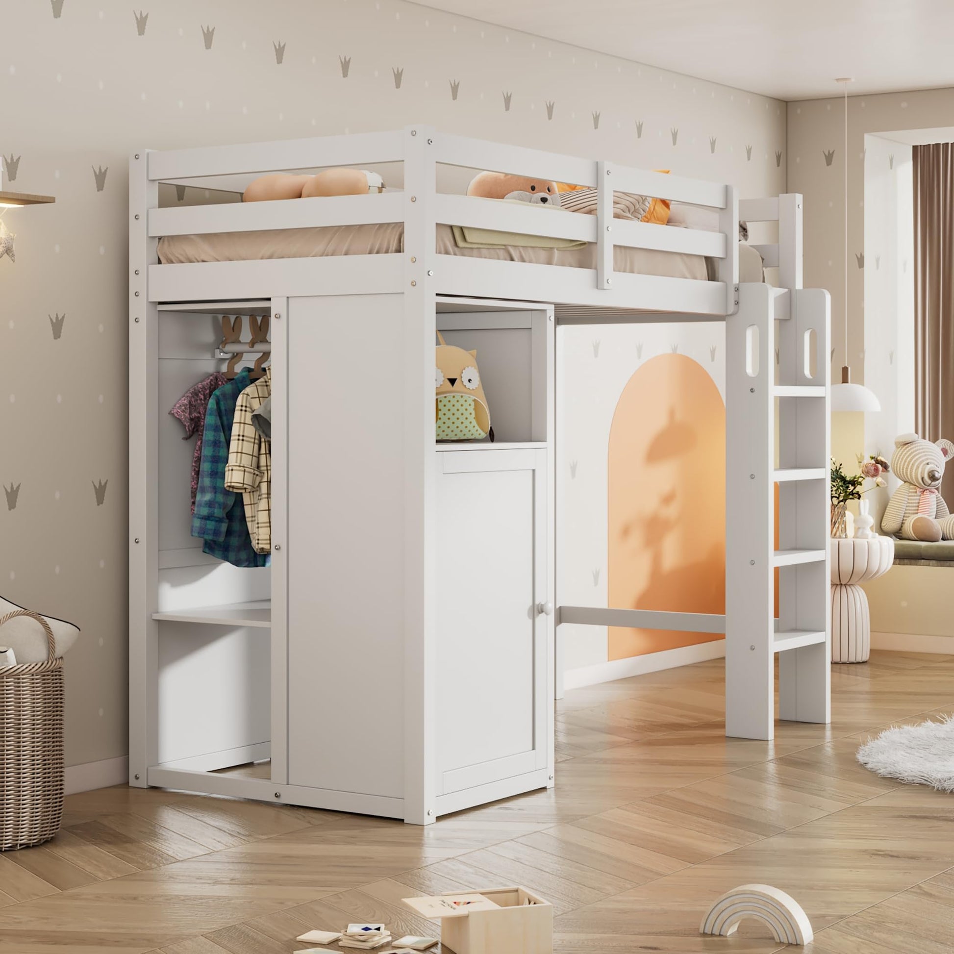 Merax Twin Loft Bed with Storage Cabinet, Shelves, and Open Wardrobe in White - WoodArtSupply