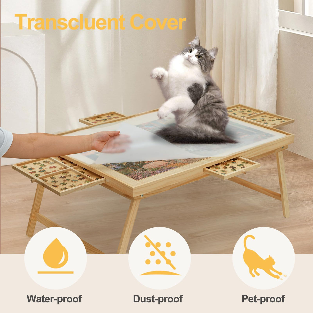 YKHALLYBEE Puzzle Table 2000 Pieces Wooden Jigsaw Puzzle Board with Legs, 41”x 27.6” Puzzle Board with 4 Drawers and Cover, Foldable Leg Puzzle Table for Adults Natural HALLYBEE