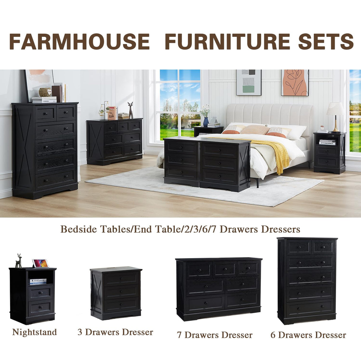 NONGSHIM Farmhouse 6 Drawer Dresser, Dresser Chest of Drawer for Bedroom Organizer Storage, 48 Inch Tall Dresser, Wood Dresser Storage Cabinet for Living Room, Entryway, Hallway, Kids Room, Black NONGSHIM