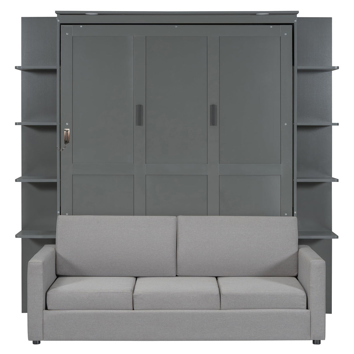 Murphy Bed Cabinet Queen Size with Sofa, Queen Murphy Bed with Couch, Adult Wall Murphy Queen Size Bed Frame with Storage Shelves and LED Lights, Grey Merax
